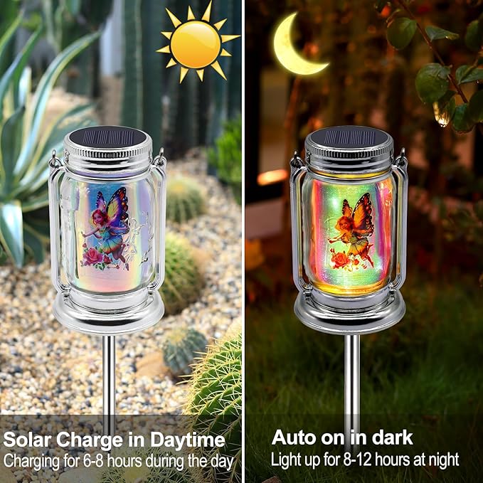 2 Pack Solar Fairy Lanterns for Garden Outdoor Decorations-Gifts for Mom Women Grandma,Outdoor Flower Fairies Silver Glass Mason Jars,Hanging Lamp with Stake for Home Yard Patio Lawn Party