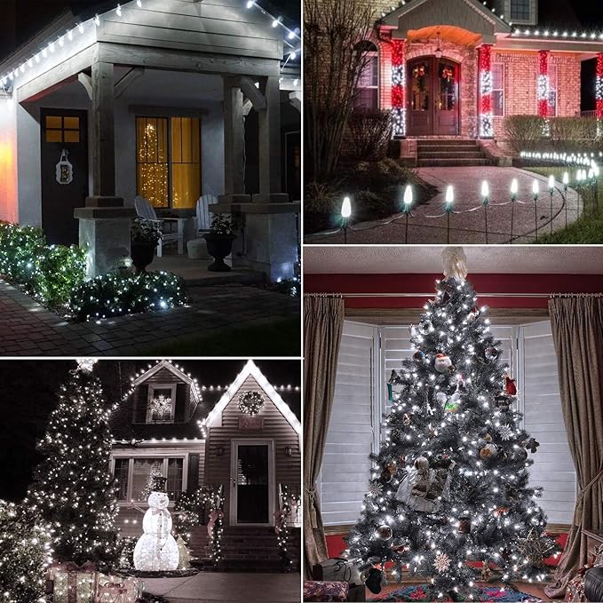 C7 Pure White LED Christmas Lights, 50Ft Vintage String Lights with 50+2 Plastic Bulbs, E12 Candelabra Base, Outdoor Retro Style Hanging Lights for X-mas Patio Fence Roofline Holiday