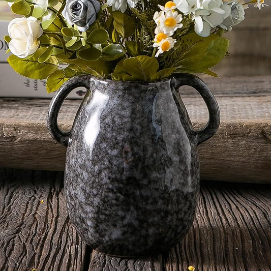 Black Ceramic Vase with 2 Handles, Modern Farmhouse Decor, Rustic Terracotta Pottery, Decorative Flower Vases, Clay Small Vase, Centerpiece for Dining Table - 7 Inch Tall
