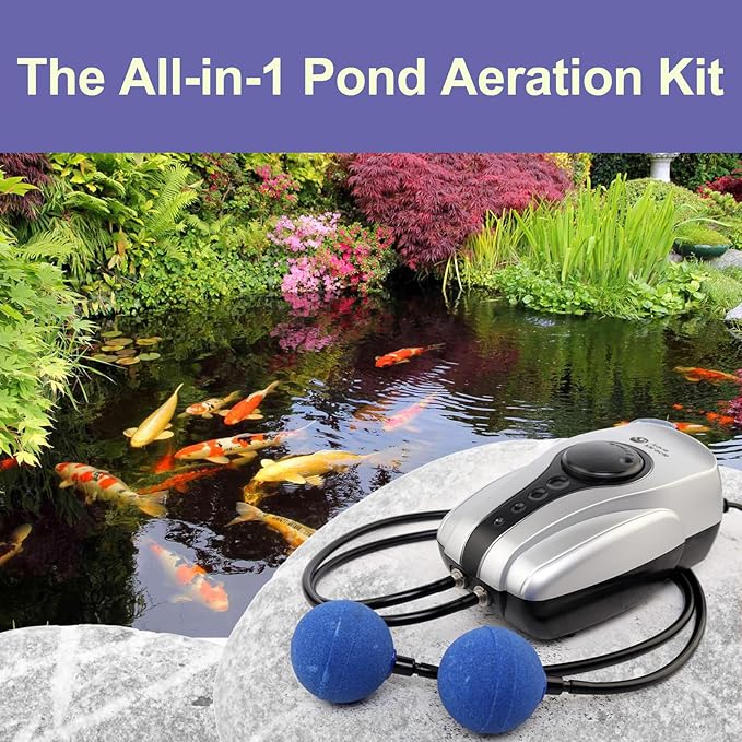 AquaMiracle All-in-One Pond Air Pump Koi Pond Aerator for Pond up to 2000 Gallons Pond Deicer Pond Aeration Kit with 2&4 Outlets Air Stones Airline Tubing Check Valves