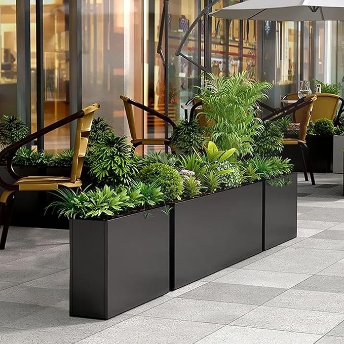 Black Steel Metallic Heavy Planter for Outdoor Plants 24"x10"x24" Metal Garden Planter Spliced Flower Pot with Partitions for Outside,Indoor,Garden (Black, 24 * 10 * 24)