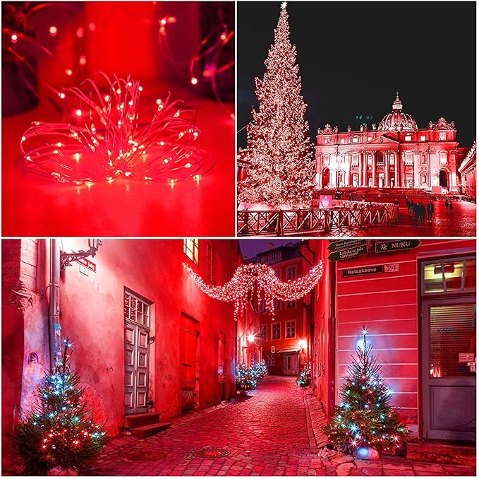 QITONG 4 Pack Red Solar Fairy Lights, Each 33ft 100 LED String Light Outdoor Waterproof, 8 Modes Silver Wire Red Outdoor Lights