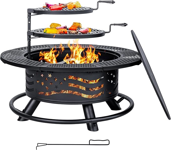 36 Inch Fire Pit with 2 Cooking Grates, Outdoor Wood Burning BBQ Grill Firepit Bowl with Cover Lid, Steel Round Table for Backyard Bonfire Patio Picnic (Black, 36IN)