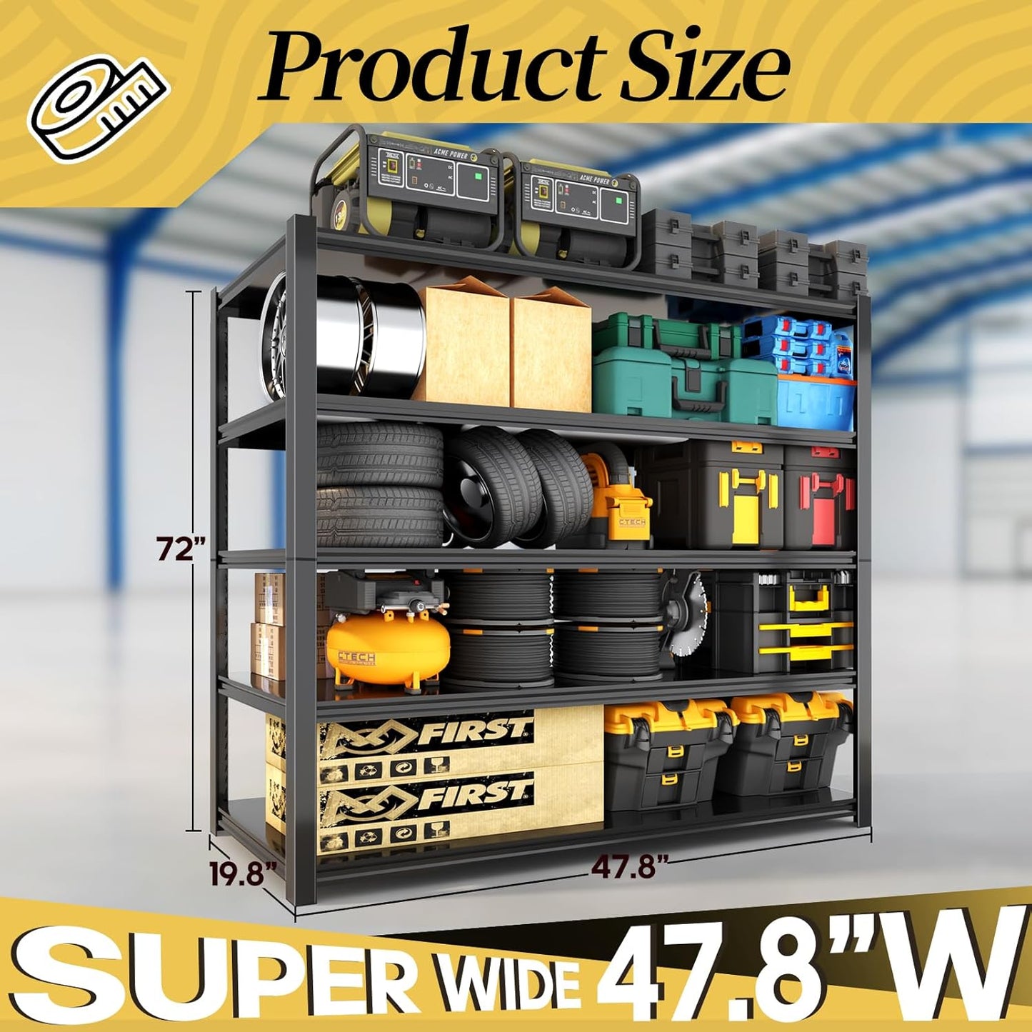 47.8" W Heavy Duty Garage Shelving 3000LBS Storage Shelves, Adjustable 5-Tier Storage Rack, Metal Shelves for Garage/Warehouse/Basement, 47.8" W x 19.8" D x 72" H, Black