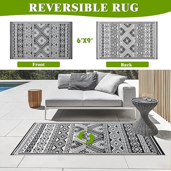 Outdoor Rug 6x9 ft Waterproof, Reversible Outdoor Plastic Straw Rug for Patios Clearance, Outdoor Area Rug Carpet RV Mat for Camping Backyard Deck Porch