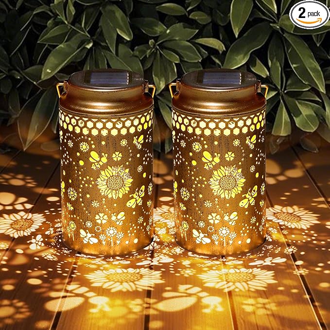 2 Pack Bee Solar Lanterns Outdoor Waterproof, Metal Hanging Lights Decorations for Garden Yard Lawn Patio, Bee Gifts for Women Mom Grandma Aunt Mother in Law Christmas