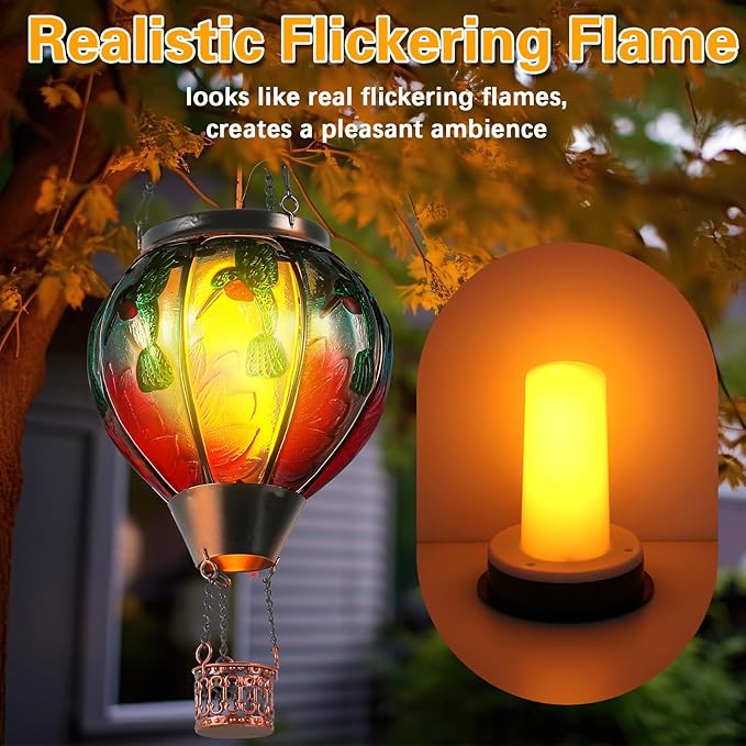 2 Pcs 20Inch Hummingbird Hot Air Balloon Hanging Solar Lantern Outdoor Garden Decor Waterproof Hot Air Balloon Flame Lantern for Lawn Porch Yard