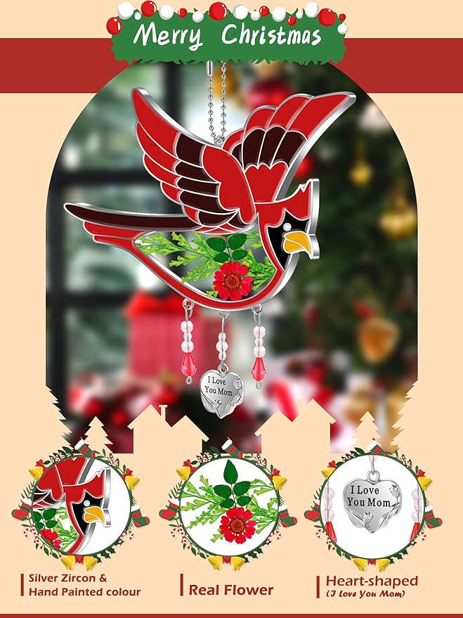 KY&BOSAM Cardinal Suncatcher I Love You Mom Glass Hangings for Windows Wind Chime Ornament with Hand Painted Real Flower and Metal Heart Charm Birthday Gifts for Women Mom Mother's Day