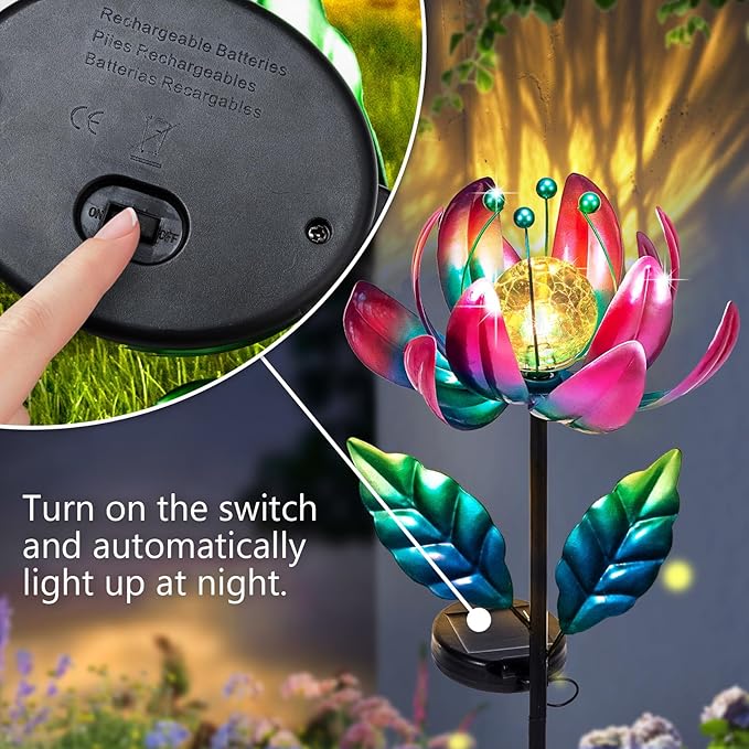 Solar Purple Metal Flower Wind Spinners, Colorful Spinning Windmill Lotus Yard Art Lights Wind Pinwheels with LED Crystal Ball Decorative Stake Lighting Flower Sculpture