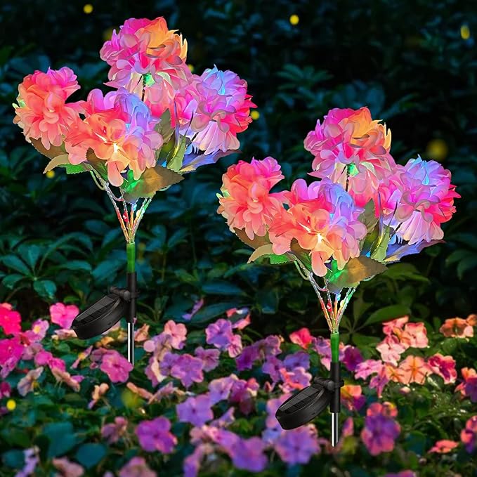 Neporal Solar Flowers Outdoor Waterproof IP65, 2PK 5-Head Hydrangea with 4-Color Light & 2 Lightning Modes, Solar Garden Lights Outdoor Waterproof for Garden, Yard,Pathway, Gardening Gifts for Women