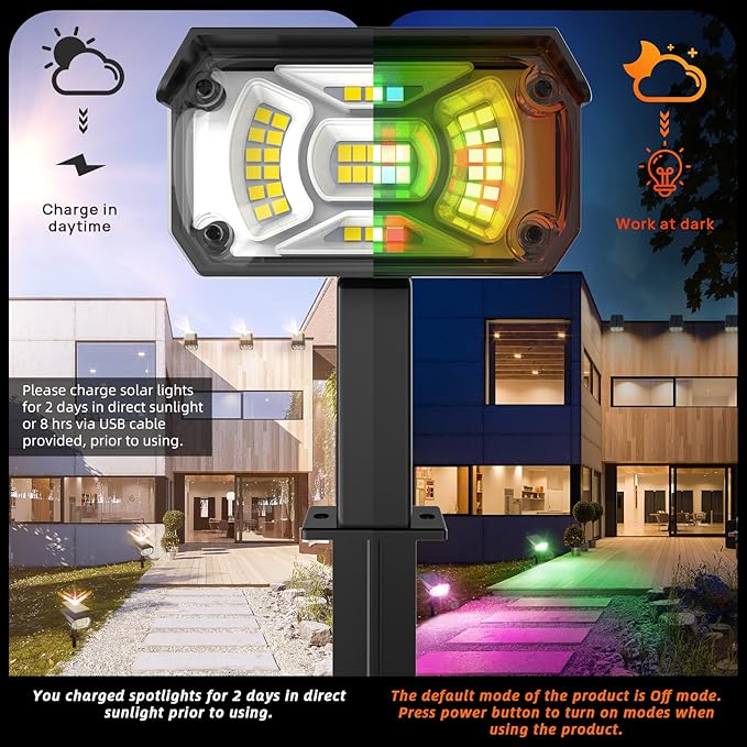 Color Solar Lights Outdoor Waterproof Spotlights with 9 Light Modes, Color Changing Solar Outdoor Lights for Decorate Festivals, Colored Solar Spot Lights Auto On/Off, RGBW 6 Pack