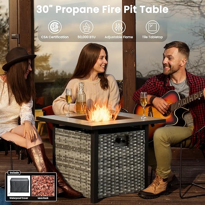 ovios 5 Pieces Patio Furniture Set with 30" Fire Pit Table, Outdoor Wicker Sofa with Loveseat, Comfy Cushions, High Back Couch Conversation Set, Grey Rattan, Denim Blue