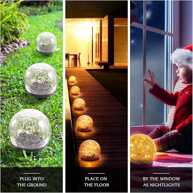 Honoson 6 Inch Solar Globe Lights Outdoor Waterproof, Solar Balls for Garden Cracked Glass Ball, Ground Landscape Garden Decor for Patio and Yard Lawn Backyard (4 Pieces)