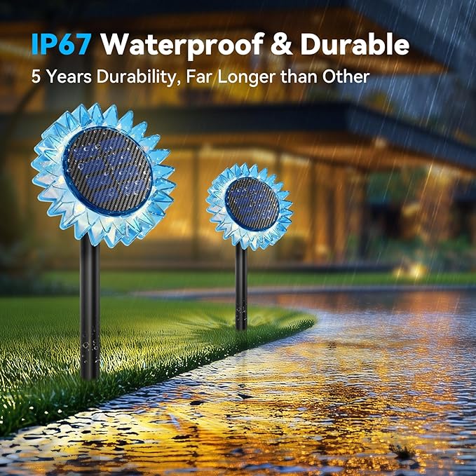 Solar Garden Lights - Upgraded Solar Sunflower Light, Ground/Wall 2 in 1, Solar Outdoor Lights Waterproof IP67,Garden Yard Patio Backyard Pathway Landscape Fence Wall Decoration, Warm White(2 Pack)