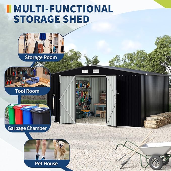 8x10 FT Metal Storage Sheds Outdoor with Floor, Metal Yard Sheds Garden Shed Kit, MetalTool Shed with Lockable Door, Metals UtilitySheds Buildings with Air Vent for Backyard Garden Patio Lawn