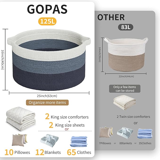 125L Extra Large Blanket Basket, 25" x 16", Jumbo Laundry Woven Basket Decorative Home, Cotton Rope Basket with Handles, Baby Toy Basket for Storage, Gradual Blue