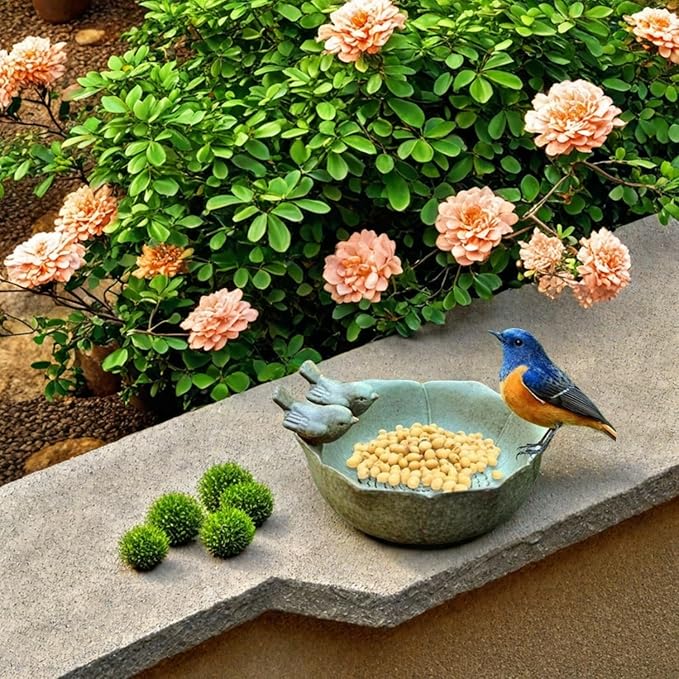 Bird Bath for Outside on Ground, 10 in Ceramic Birds Bath Bowl, Handmade Ground Bird Feeders and birdbath for Outdoors for Outdoors, Garden, Tabletop, Balcony and Lawn (Big - shallow)