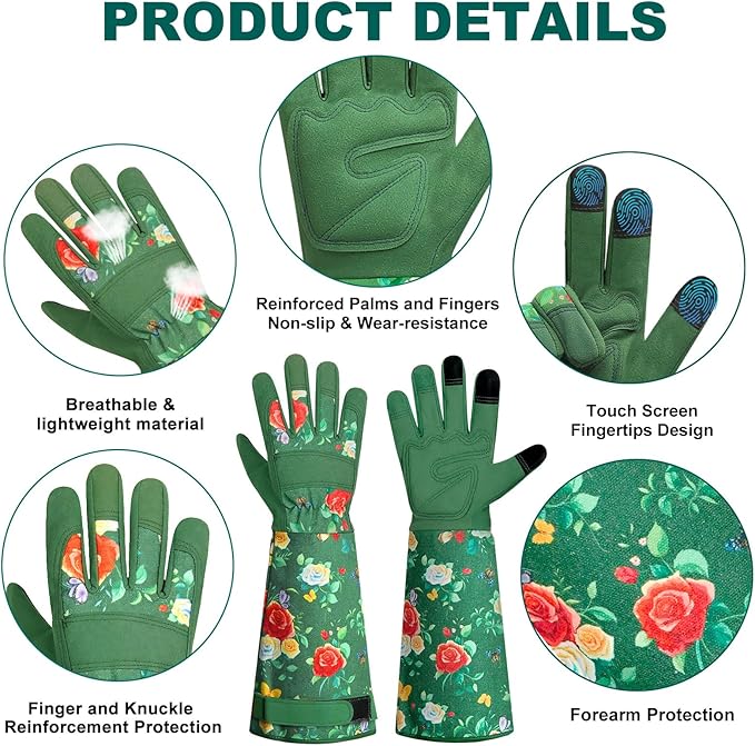 DLY Gardening Gloves,Leather Rose Gloves,Women's Long Gardening Glove for Work and Yard Work,Durable and Comfortable(Medium, Green