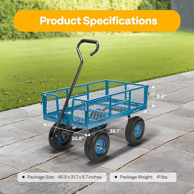 VIVOHOME Heavy Duty 880 Lbs Capacity Mesh Steel Garden Cart Folding Utility Wagon with Removable Sides and 4.10/3.50-4" Wheels 10 inch Tire (Blue)