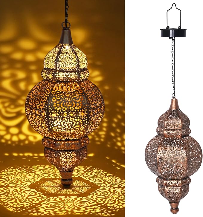 Hanging Solar Lights, Outdoor Decor Solar Lantern, Waterproof Metal Moroccan Lantern for Outside Patio Pathway Yard Front Porch Backyard Garden Decorative