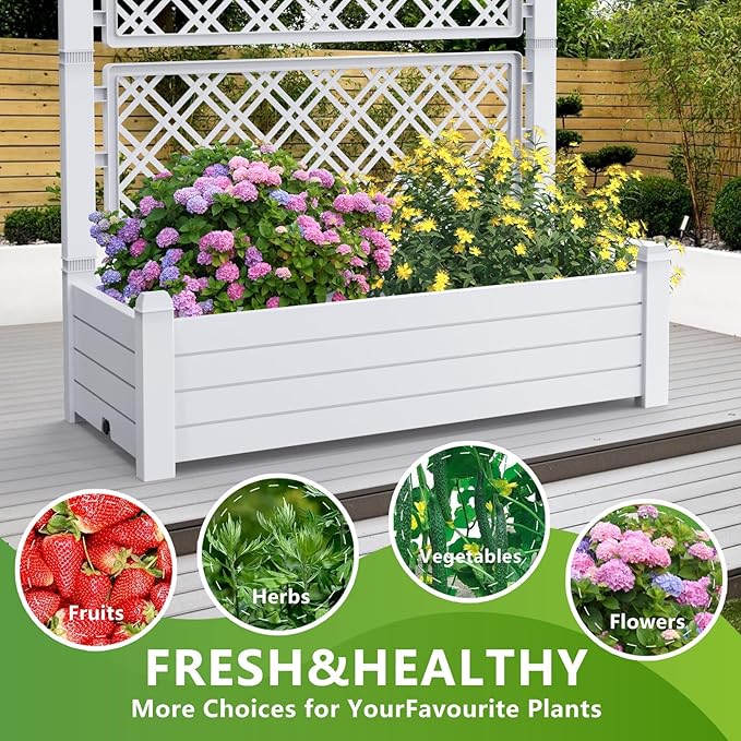 59.3in Planter Box Trellis, Large Outdoor Plastic Raised Garden Bed with Drain Plug for Climbing Plants(Ashen,43.43 * 18.27 * 59.29)