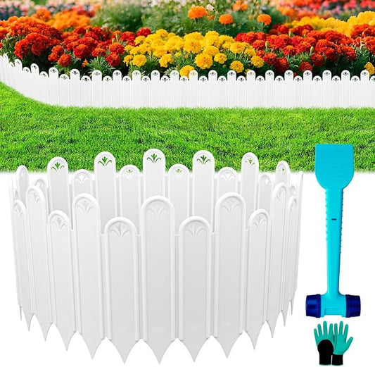 20PCS White Garden Edging Borders, 9.76" H Plastic Fences Edging with Hammmer Shovel Gloves, 13.6Ft Decorative Interlocking Landscape Edging, Flexible Flower Bed Border for Patio