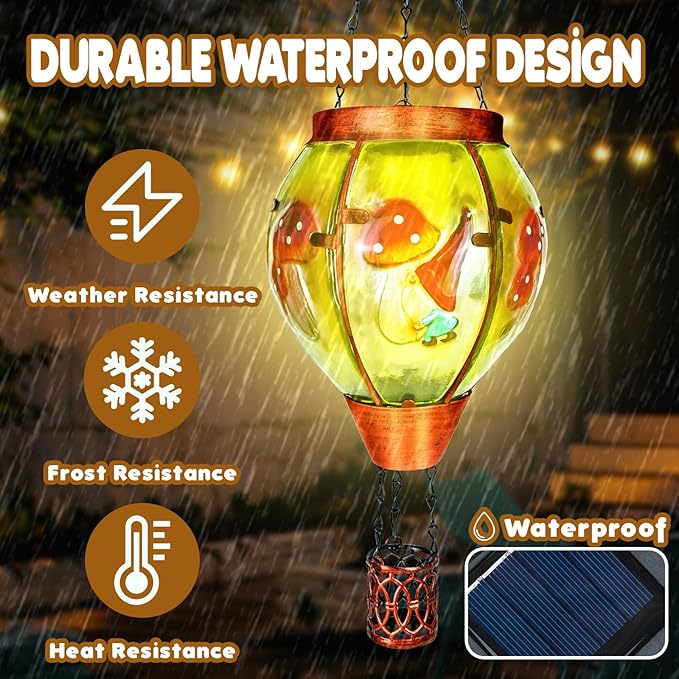 4 Pack Solar Hot Air Balloon Lantern with Flame， Mushroom Gnome Glass Solar Hanging Lanterns Outdoor for Outside Garden Patio Tree Porch Yard, Mushroom Gifts for Women Grandma Mom - Mushroom