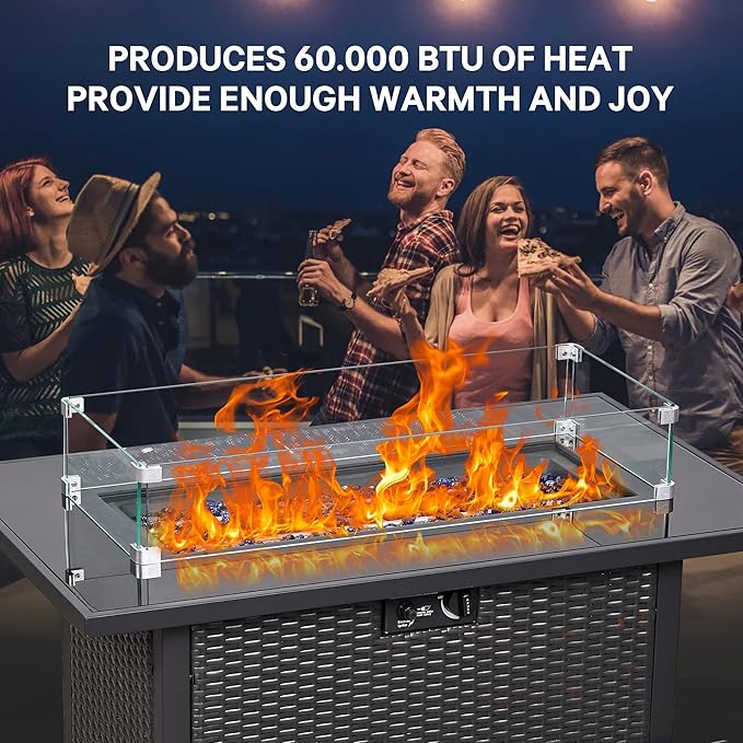 5 Piece Patio Furniture Set with 43" Propane Fire Pit Table, Outdoor Wicker Conversation Set, Rattan Modern Sectional Sofa Couch with Coffee Table for Backyard Porch Garden Poolside, Yellow-Beige