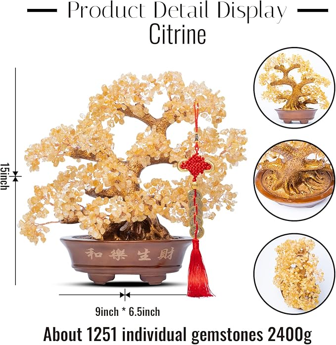 Natural Large Citrine Tree,14"Feng Shui Money Tree(1251 Gemstone Count)Citrine Crystal Tree for Abundance Prosperity Success Fortune Decoration Tree Bonsai for Home & Office Good Luck Wealth