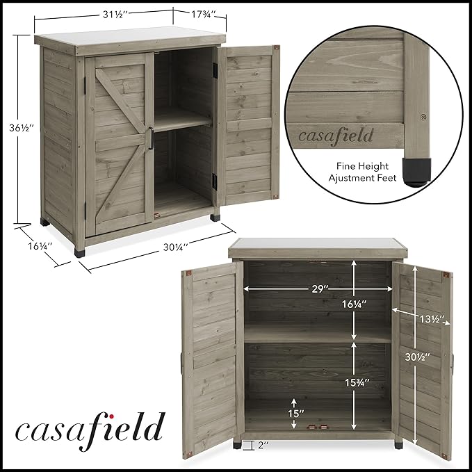 Casafield Outdoor Garden Potting Bench with Metal Tabletop and Storage Cabinet - Wooden Outdoor Garden Patio Workstation Table, Gray