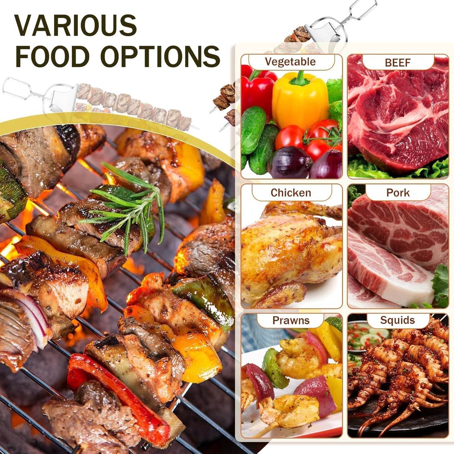 6PCS Kabob Skewers for Grilling, 14'' Stainless Steel 3-prong Metal Kebab Grill Skewers with Push Bar Slider, Skewer Sticks for Meat Veggies Shrimp Marshmallows Fruits, BBQ Barbecue Accessories