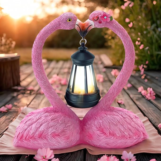 9.8" Garden Flamingo Statue with Solar Lantern,Heart Shaped Flamingo Decor,Unique Double Head Flamingo Gifts for Women,Mom,Lover