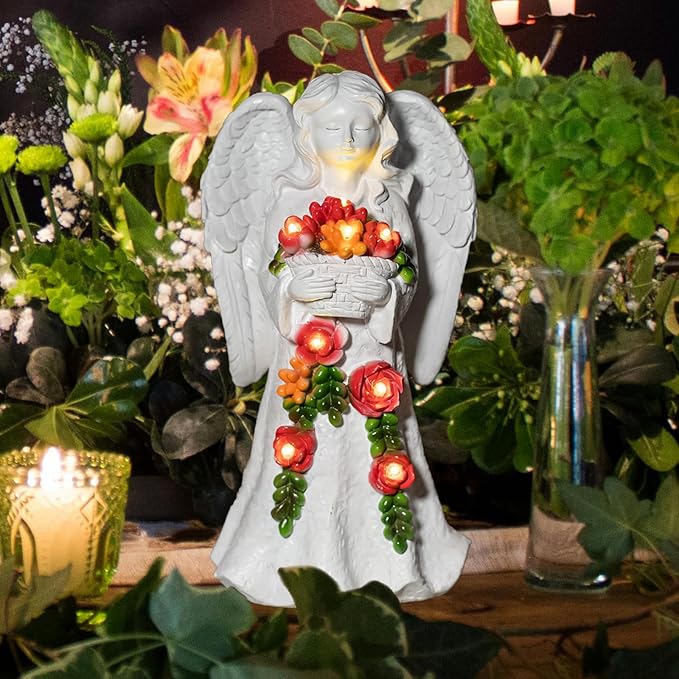 Angel Garden Statue Figurines Light Decoration Outdoor Solar Angels with 8 Led Lights Outside Resin Sculpture Art Decor Patio Lawn Yard Housewarming Gifts for Women Grandma Mom
