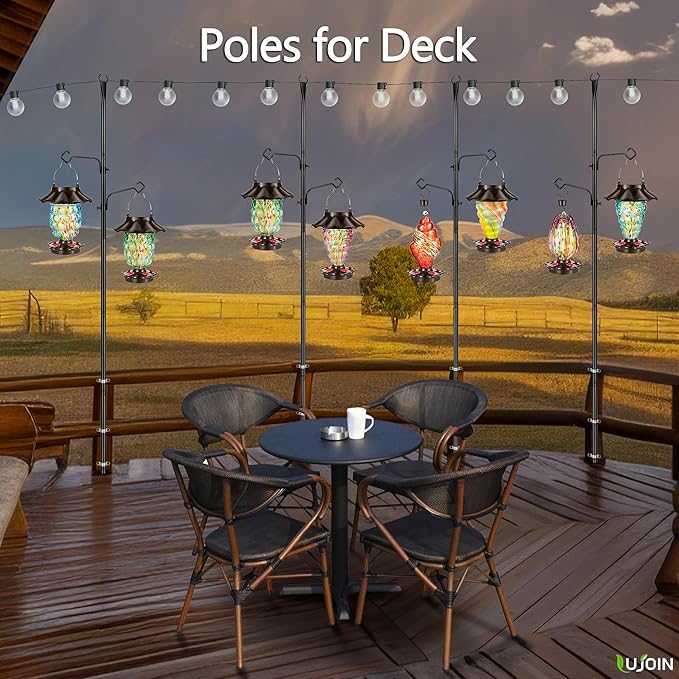 3-in-1 String Light Pole for Outside (2 Pack), Each Pack Includes 2 Hooks, 1 Solar LED Light Board & 1 Party Flag, Heavy Duty Stand for Deck, Patio, Backyard, Wedding