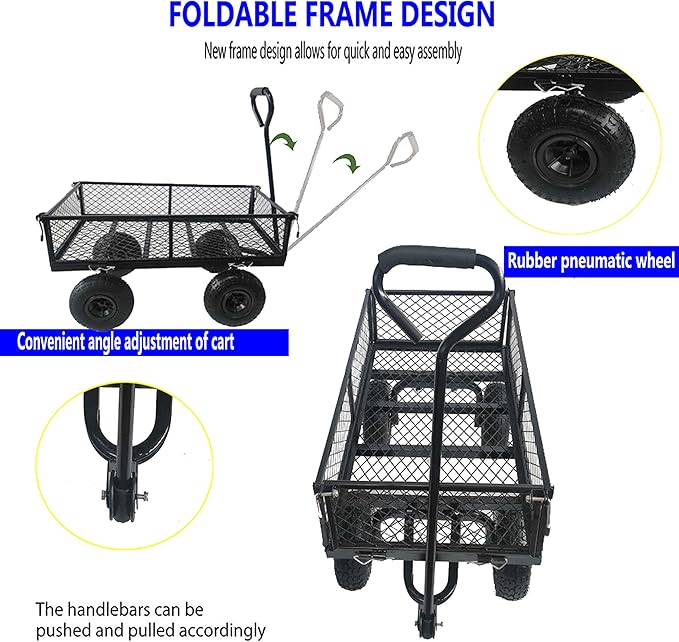 400 Lbs Capacity Mesh Steel Garden Cart Folding Utility Wagon with Removable Sides Multi-Purpose
