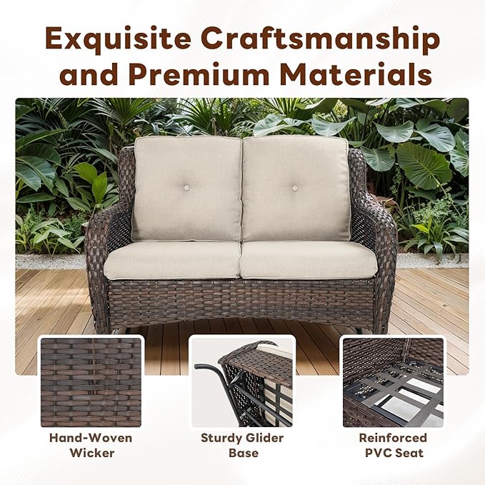 5 Piece Outdoor Patio Furniture Set - Outdoor Conversation Couch and Loveseat Glider Chair Furniture Set with Rattan Coffee Table for Deck Balcony Poolside Brown Wicker/Beige Cushions