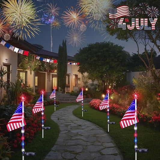 6 Pack 4th of July Decorations Outdoor Solar Lights, Red White and Blue Star Lights for National Day with American Flag, 2 Modes Waterproof Patriotic Light for Independence Memory Day Garden Yard Path