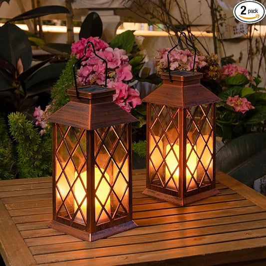 2Pack 11" Outdoor Solar Lanterns Waterproof Garden Gifts Women, Flickering Flameless Candle Mission Lights for Patio, Table ,Outdoor, Party, Yard,Lawn,Mothers' Day Gifts for Mom (Antique Copper)