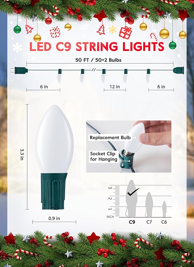 Vintage C9 LED Christmas Lights Outdoor, 50 Feet C9 String Lights with 50 Shatterproof Matte Bulbs, Connectable Waterproof Lights for Holiday Party Roofline Backyard Garden Patio, Pure White