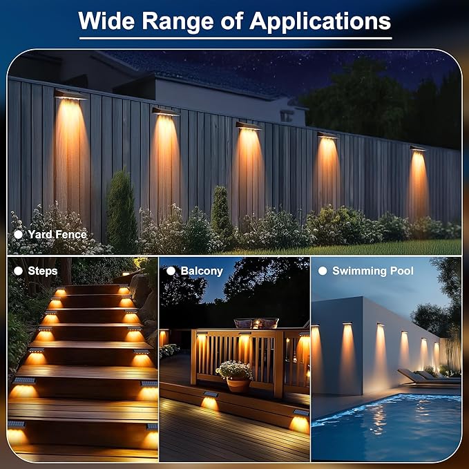 Solar Fence Lights Outdoor Waterproof IP65, 6 Pack Fence Lights Solar Powered 60 Lumens Auto On/Off Step Wall Lights Outside Decorations for Yard, Porch, Patio, Stairs, Pool, Deck, Garden- Warm Light