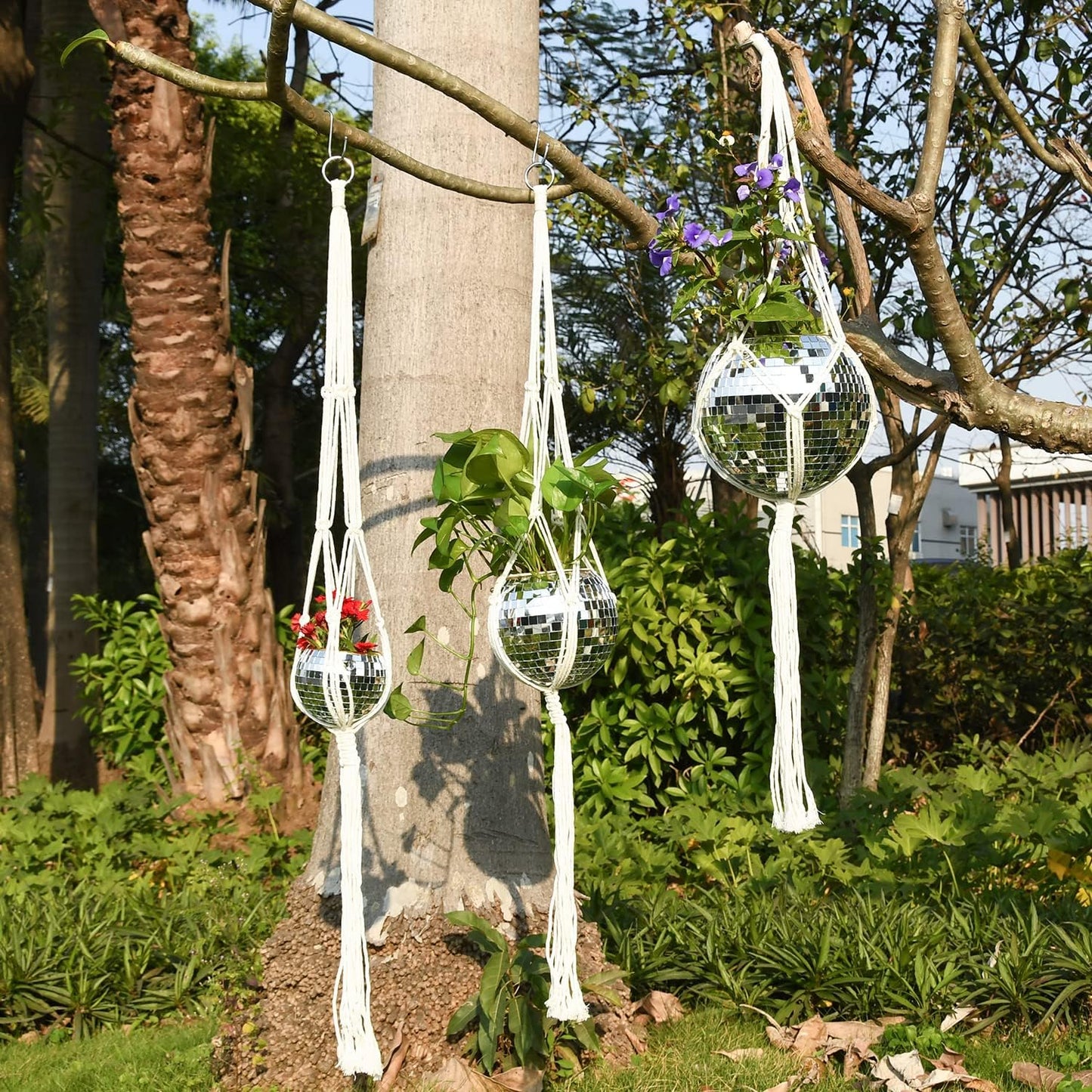 8" Silver Disco Ball Planter with Hanging Rope, Hanging Chain, Hook, Circle | for Decoration