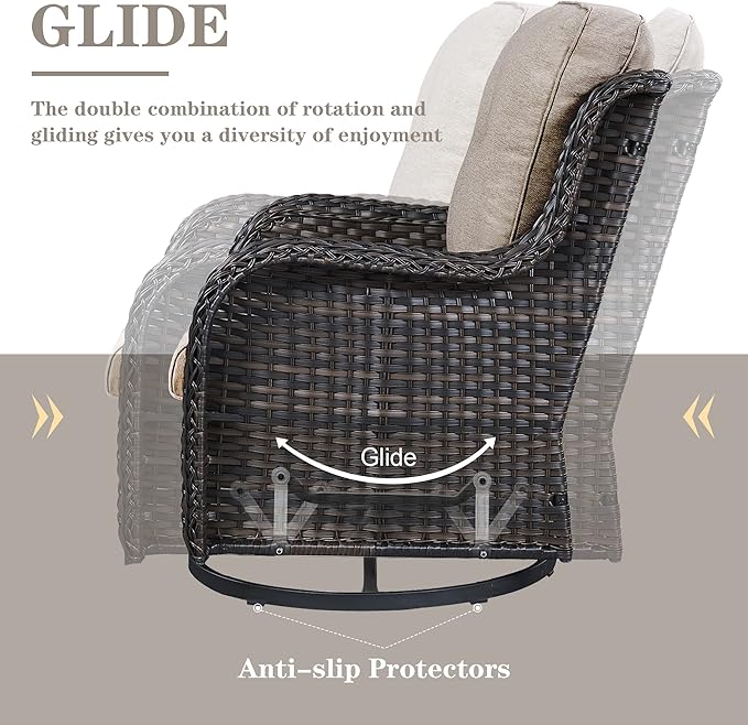 5 Piece Outdoor Patio Furniture Set - Wicker Furniture Patio Conversation Set, Outdoor Swivel Rocker Chairs with 3-Seater Sofa and 2 Ottomans for Small Space, Gray Cushion