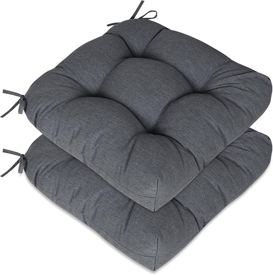 Aoodor 19" x 19" x 5" Tufted Outdoor Chair Cushions, Water Resistant & Fade Resistant Polyester Dining Chair Pads with 2 Straps for Patio Furniture, Set of 2