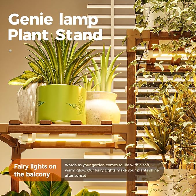 Bamworld Plant Shelf with Grow Light Plant Stand for Mutiple Pots Large Plant Holder for Living Room Patio Boho Home Decor for Gardening Warm Light