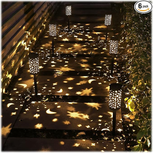 6 Pack Solar Light Outdoor Garden Patio Pathway Landscape Lights Yard Driveway Lawn Walkway Decoration Star Moon Solar Lantern Waterproof Outside Path Hanging Sidewalk Courtyard Black
