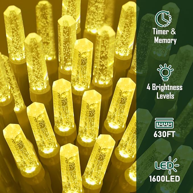 Heceltt 1600 LED 630 FT String Lights Outdoor, 8 Modes Warm White Christmas Lights Plug in, IP44 Waterproof Led String Lights with Timer and Memory for Xmas Holiday Wedding Decorations