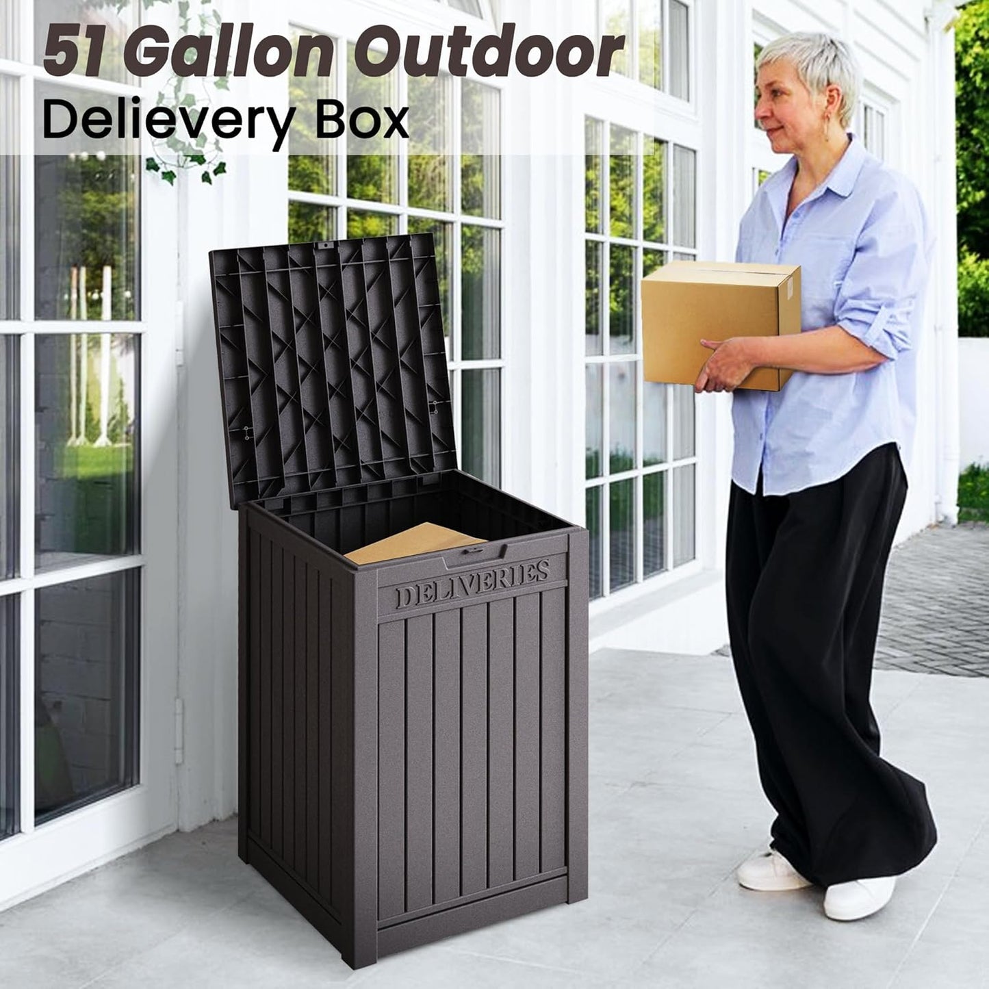 55 Gallon Coffee Resin Deck Box - Lockable, Rust-Resistant Outdoor Storage for Gardens & Patios - Waterproof Bench-Style Box with Handles