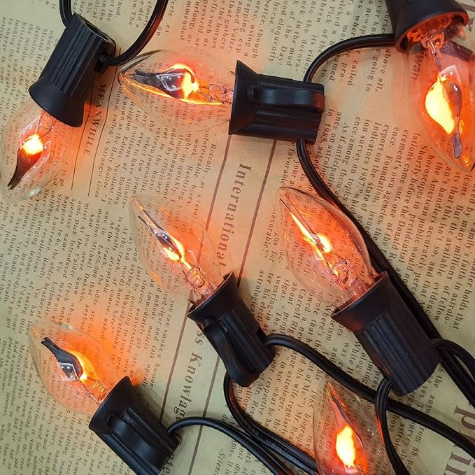 C7 Christmas Flicker Flame String Lights, 25Ft C7 Outdoor Christmas Decorations String Lights with C7 Clear Flicker Flame Bulbs, Hanging Patio Lights for Christmas Halloween Party Garden Porch-Black