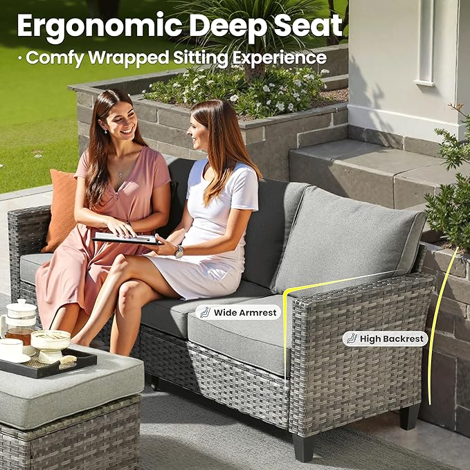 ovios 8 Pieces Patio Furniture Set with 54" Fire Pit Table, Outdoor Wicker Sofa with Comfy Cushions, All Weather High Back Rattan Couch Conversation Set, Dark Grey