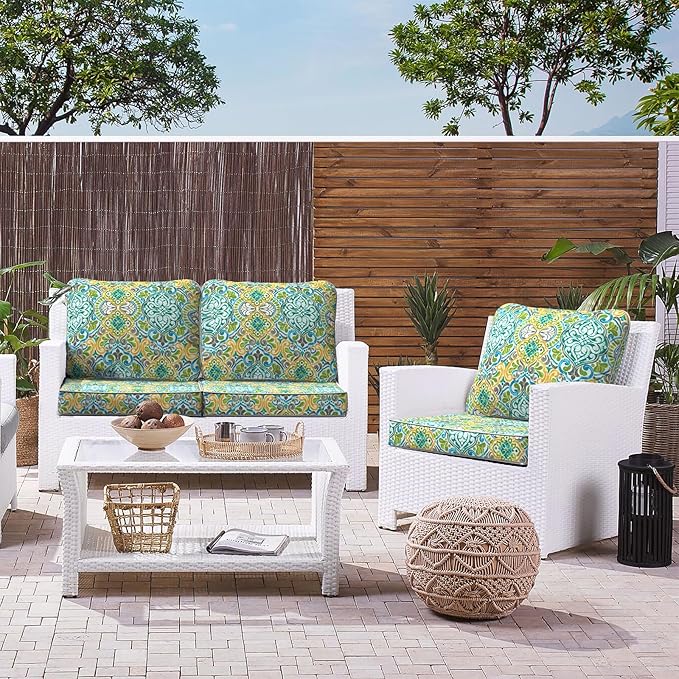LVTXIII Outdoor Deep Seat Cushion 22"x22"x4" Patio Seat and Back Cushion Set Seasonal Chair Cushion for Dining Arm Chairs, Wicker Chairs and Garden Furniture Decoration, Damask Green